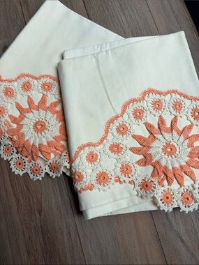 Cream Linen Pillowcases with Peach Crochet Lace